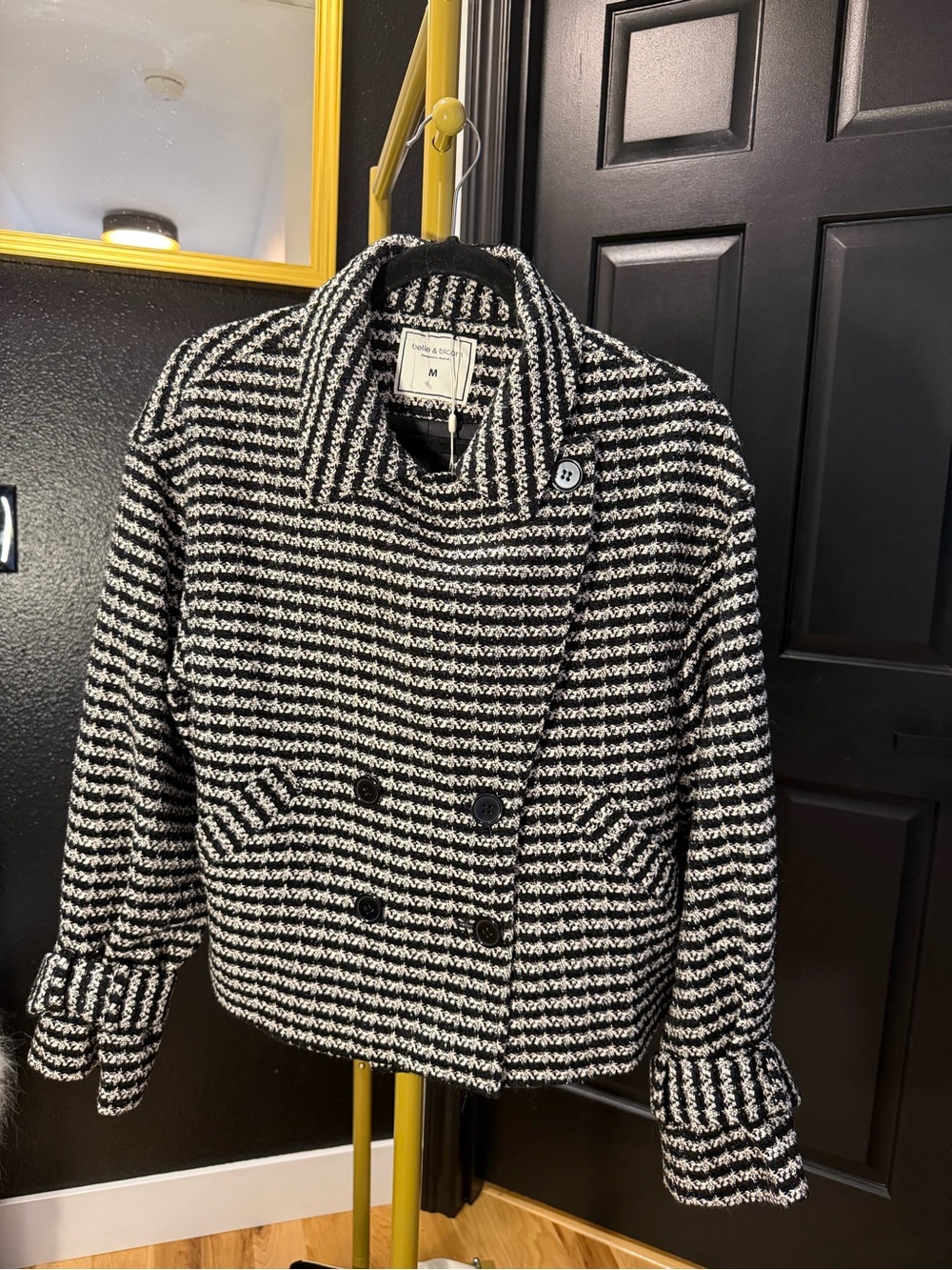 Belle and bloom Black & White Herringbone Wool Blend Peacoat